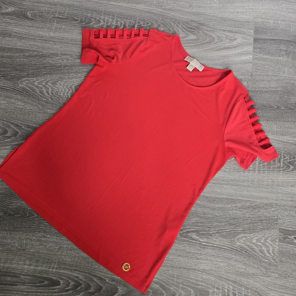 MICHAEL KORS Womens Sangria Orange Shirt size M Short Sleeve ‎ Stripes Cut Out